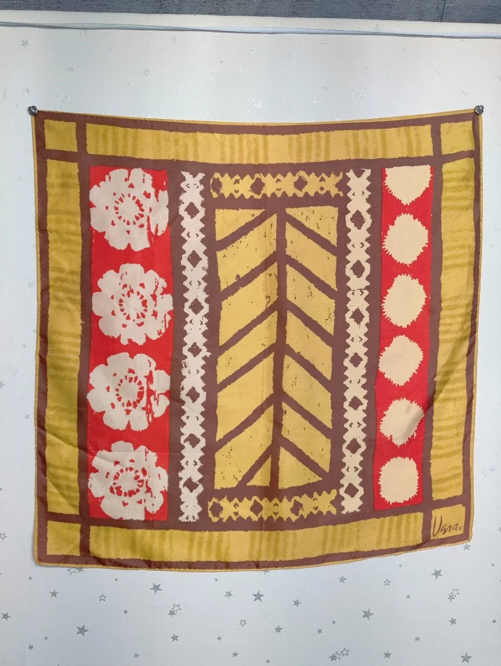 Vintage Vera Square Scarf 100% Acetate Japan Gold Red Brown Abstract 21.5